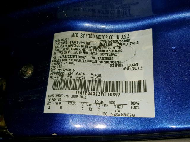 1FAFP38322W110897 - 2002 FORD FOCUS ZTS BLUE photo 10
