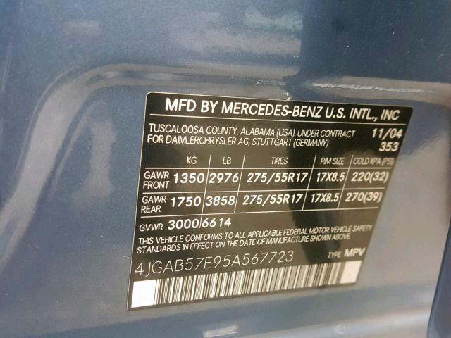 4JGAB57E95A567723 - 2005 MERCEDES-BENZ ML BLUE photo 10