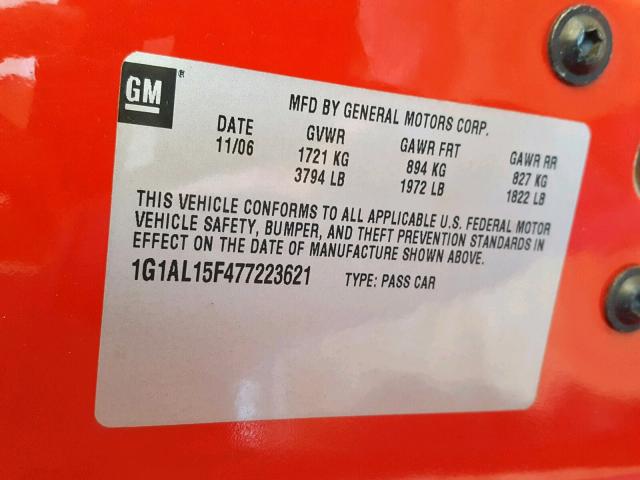 1G1AL15F477223621 - 2007 CHEVROLET COBALT LT RED photo 10