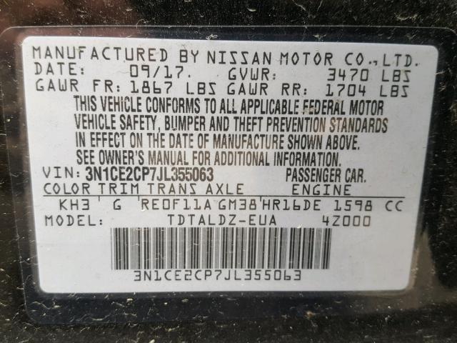 3N1CE2CP7JL355063 - 2018 NISSAN VERSA NOTE BLACK photo 10