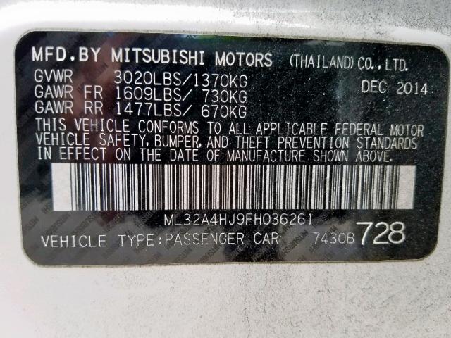 ML32A4HJ9FH036261 - 2015 MITSUBISHI MIRAGE ES WHITE photo 10