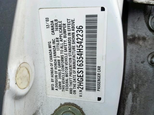 2HGES16354H542236 - 2004 HONDA CIVIC DX V WHITE photo 10