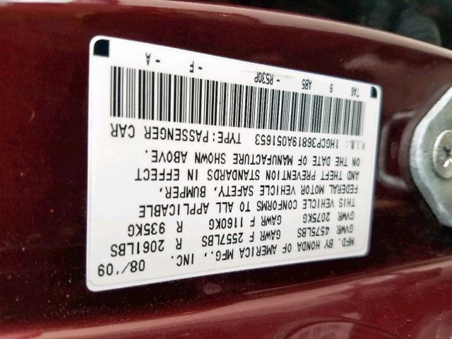 1HGCP36819A051653 - 2009 HONDA ACCORD EXL BURGUNDY photo 10