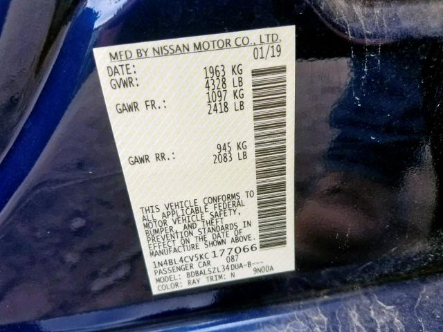 1N4BL4CV5KC177066 - 2019 NISSAN ALTIMA SR BLUE photo 10