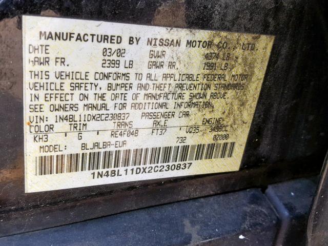 1N4BL11DX2C230837 - 2002 NISSAN ALTIMA SE BLACK photo 10