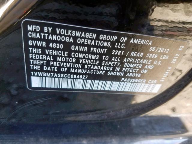 1VWBM7A38CC094627 - 2012 VOLKSWAGEN PASSAT SE BLACK photo 10