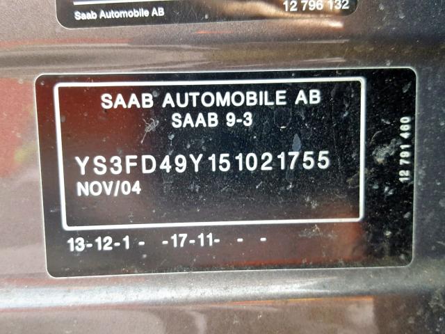 YS3FD49Y151021755 - 2005 SAAB 9-3 ARC GRAY photo 10