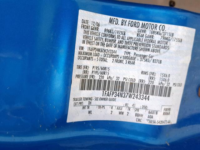 1FAFP34N37W243344 - 2007 FORD FOCUS ZX4 BLUE photo 10