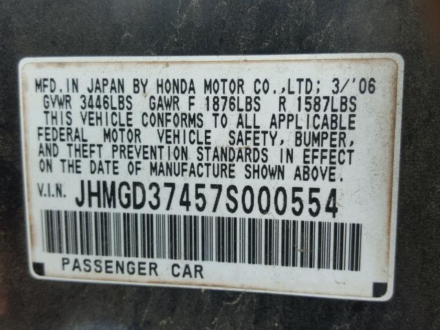 JHMGD37457S000554 - 2007 HONDA FIT BLACK photo 10