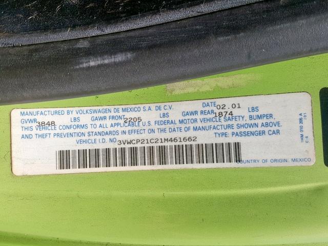 3VWCP21C21M461662 - 2001 VOLKSWAGEN NEW BEETLE მწვანე ფოტო 10