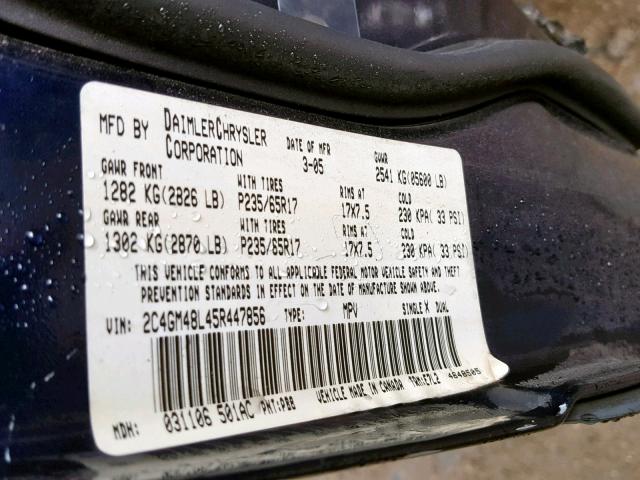 2C4GM48L45R447856 - 2005 CHRYSLER PACIFICA BLUE photo 10