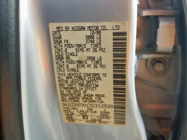 5N1ED28TX1C531268 - 2001 NISSAN XTERRA XE SILVER photo 10