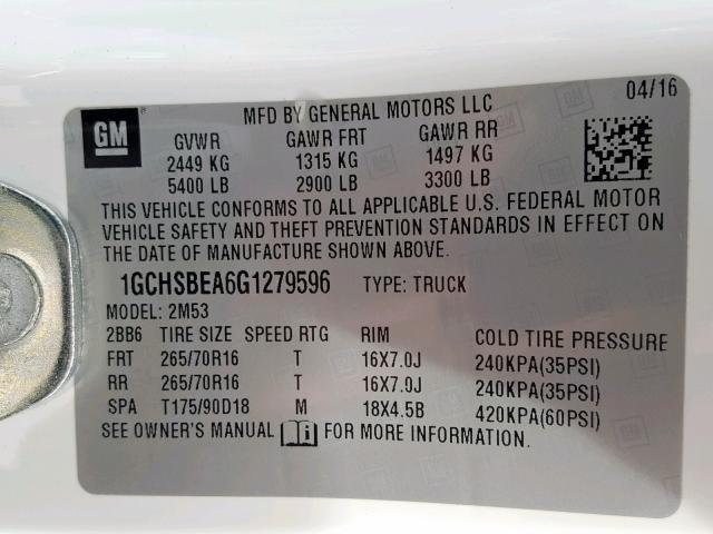 1GCHSBEA6G1279596 - 2016 CHEVROLET COLORADO WHITE photo 10