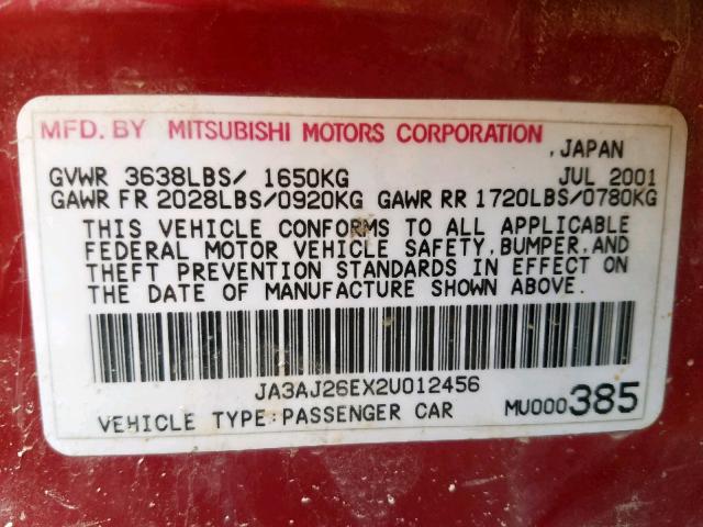 JA3AJ26EX2U012456 - 2002 MITSUBISHI LANCER ES RED photo 10