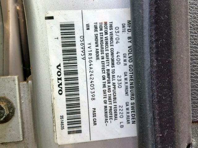 YV1RS64A242405398 - 2004 VOLVO S60 SILVER photo 10