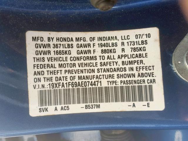 19XFA1F69AE074471 - 2010 HONDA CIVIC LX-S أزرق صورة 10