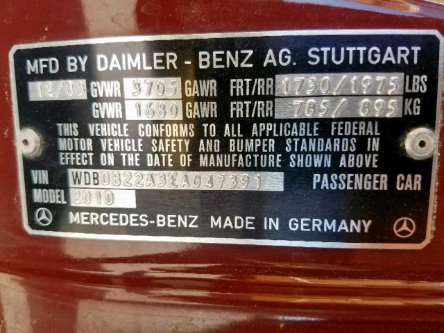 WDBDB22A3EA047391 - 1984 MERCEDES-BENZ 190 D 2.2 MAROON photo 10