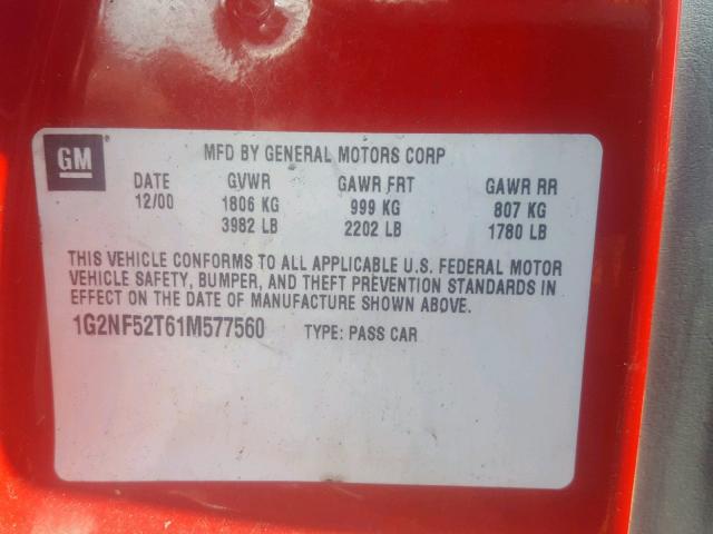 1G2NF52T61M577560 - 2001 PONTIAC GRAND AM S RED photo 10