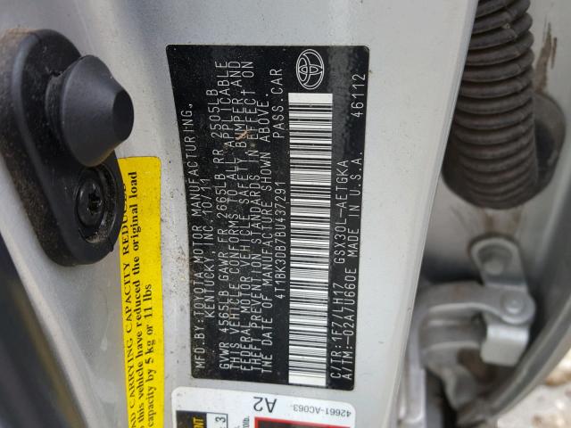 4T1BK3DB7BU437291 - 2011 TOYOTA AVALON BAS SILVER photo 10