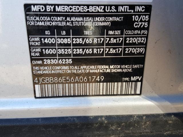 4JGBB86E56A061749 - 2006 MERCEDES-BENZ ML 350 SILVER photo 10