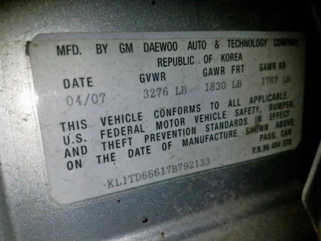 KL1TD66617B792133 - 2007 CHEVROLET AVEO BASE ვერცხლისფერი ფოტო 10