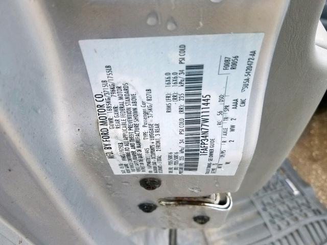 1FAFP34N77W111445 - 2007 FORD FOCUS ZX4 SILVER photo 10