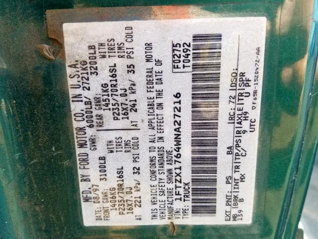 1FTZX1764WNA27216 - 1998 FORD F150 GREEN photo 10