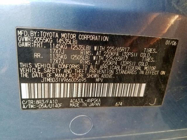 JTMBD31V966005695 - 2006 TOYOTA RAV4 LIMIT BLUE photo 10