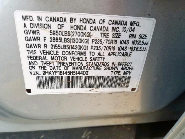 2HKYF18145H514402 - 2005 HONDA PILOT LX SILVER photo 10