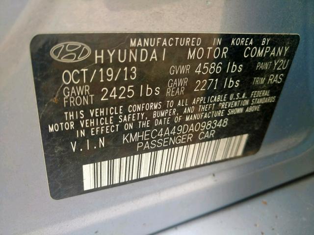 KMHEC4A49DA098348 - 2013 HYUNDAI SONATA HYB BLUE photo 10