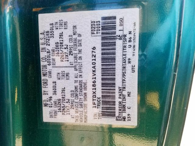 1FTDX1861VKA01276 - 1997 FORD F150 GREEN photo 10