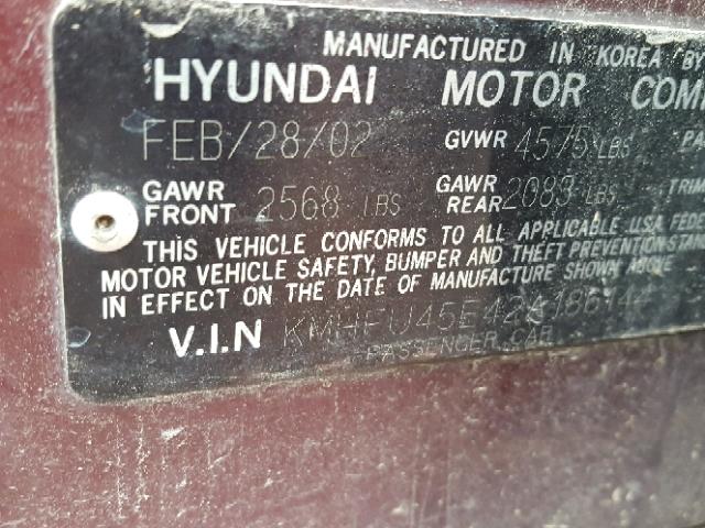 KMHFU45E42A186144 - 2002 HYUNDAI XG 350 BURGUNDY photo 10