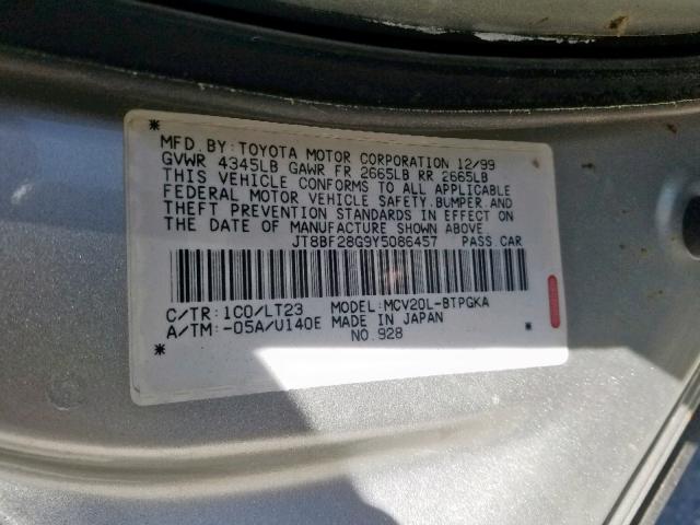 JT8BF28G9Y5086457 - 2000 LEXUS ES 300 SILVER photo 10