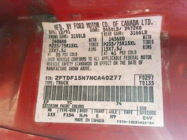 2FTDF15N7NCA40277 - 1992 FORD F150 RED photo 10
