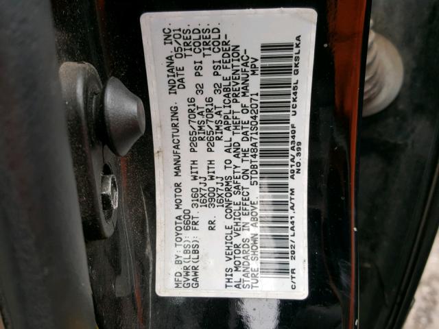 5TDBT48A71S042071 - 2001 TOYOTA SEQUOIA LI BLACK photo 10