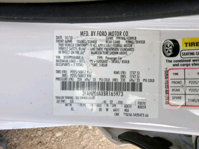 3FAHP0JAXBR165973 - 2011 FORD FUSION SEL WHITE photo 10