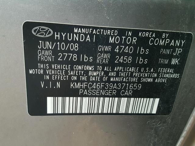 KMHFC46F39A371659 - 2009 HYUNDAI AZERA SE GRAY photo 10