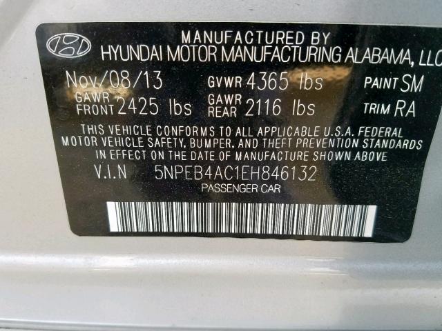 5NPEB4AC1EH846132 - 2014 HYUNDAI SONATA GLS SILVER photo 10