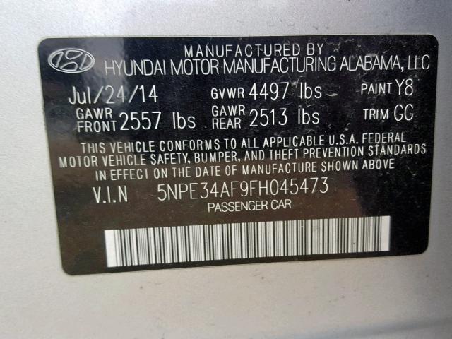 5NPE34AF9FH045473 - 2015 HYUNDAI SONATA SPO SILVER photo 10