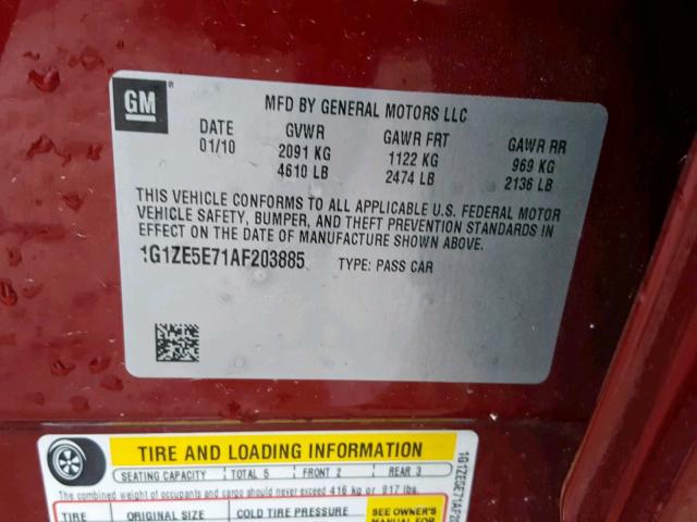 1G1ZE5E71AF203885 - 2010 CHEVROLET MALIBU LTZ ბურგუნდია ფოტო 10