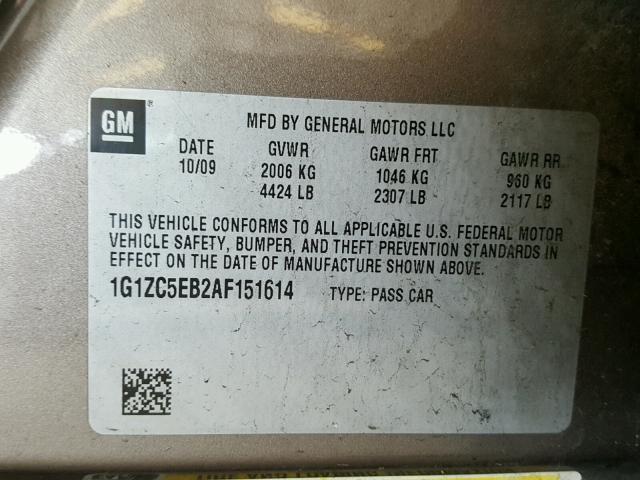 1G1ZC5EB2AF151614 - 2010 CHEVROLET MALIBU 1LT GOLD photo 10