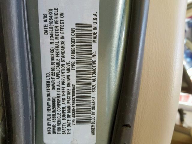 4S3BH675537606542 - 2003 SUBARU LEGACY OUT GREEN photo 10