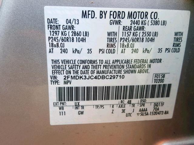 2FMDK3JC4DBC29710 - 2013 FORD EDGE SEL SILVER photo 10