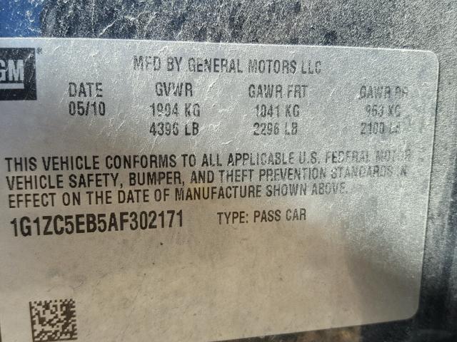 1G1ZC5EB5AF302171 - 2010 CHEVROLET MALIBU 1LT შავი ფოტო 10