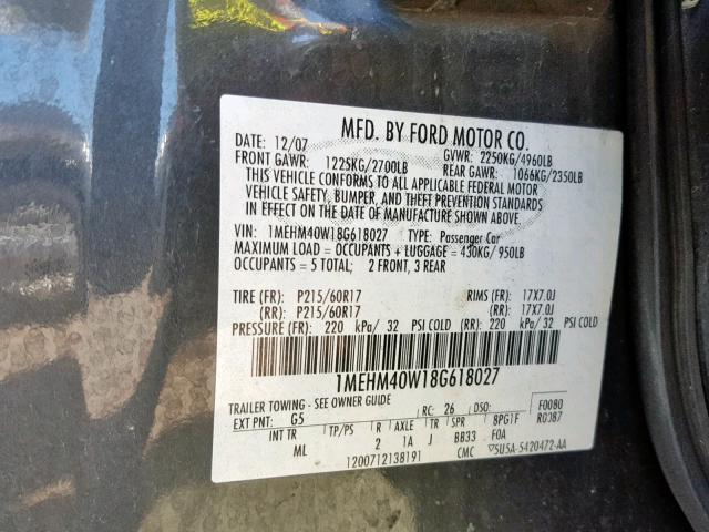 1MEHM40W18G618027 - 2008 MERCURY SABLE LUXU BLACK photo 10