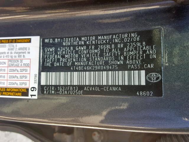 4T4BE46K29R049475 - 2009 TOYOTA CAMRY BASE CHARCOAL photo 10