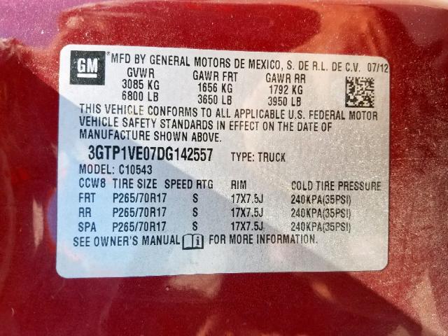 3GTP1VE07DG142557 - 2013 GMC SIERRA C15 MAROON photo 10