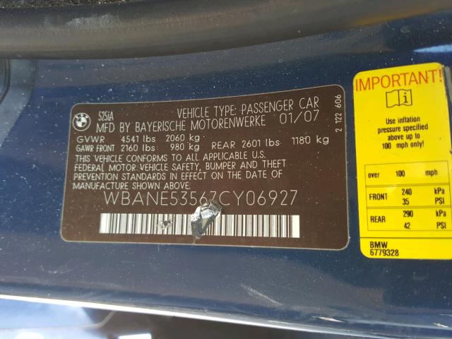 WBANE53567CY06927 - 2007 BMW 525 I BLUE photo 10