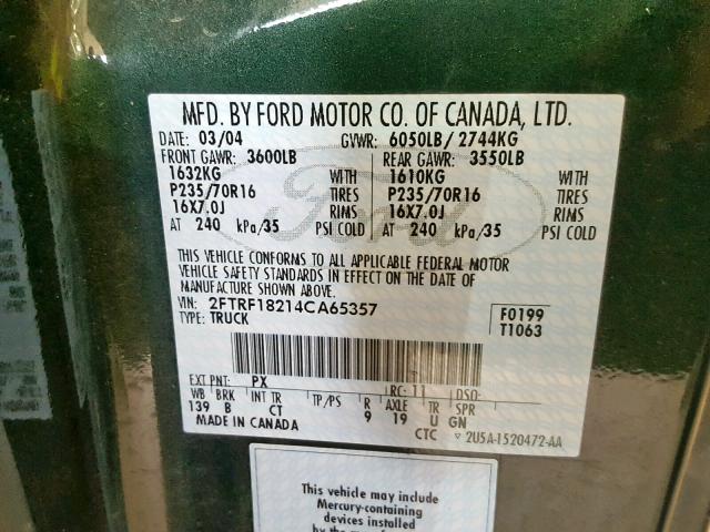 2FTRF18214CA65357 - 2004 FORD F-150 HERI GREEN photo 10