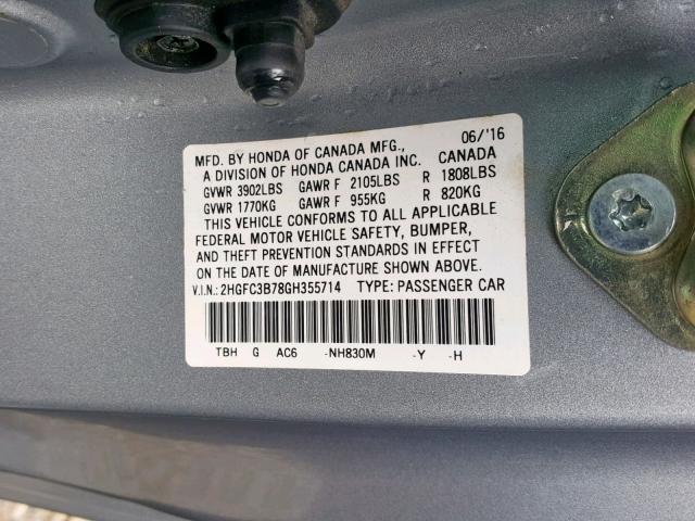 2HGFC3B78GH355714 - 2016 HONDA CIVIC EXL 银色 照片 10